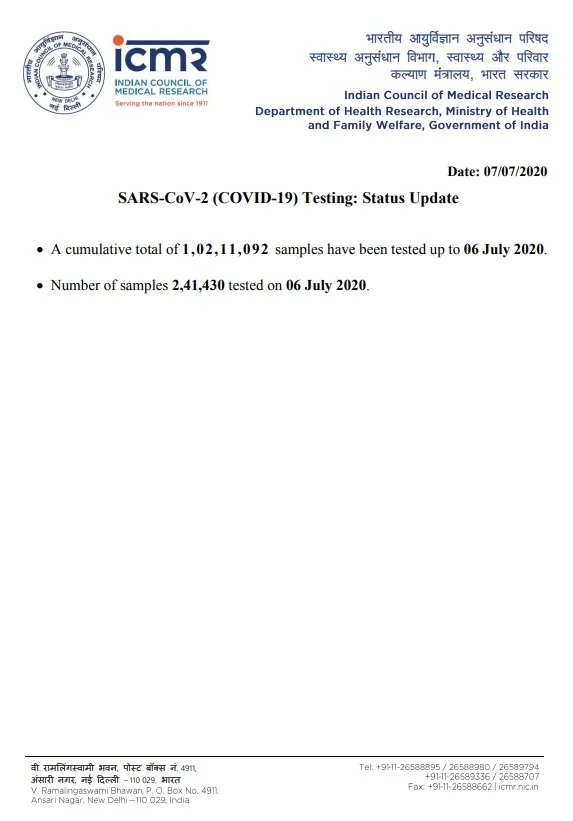 CORONAVIRUS SAMPLES TESTED ICMR UPDATE STATUS 